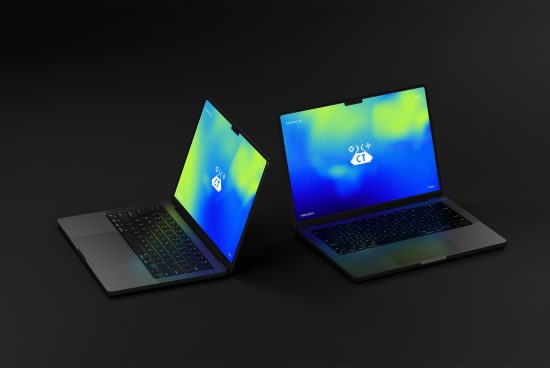 Two laptops on a dark background showcasing vibrant screen mockups, ideal for digital design presentations and tech-related graphics.